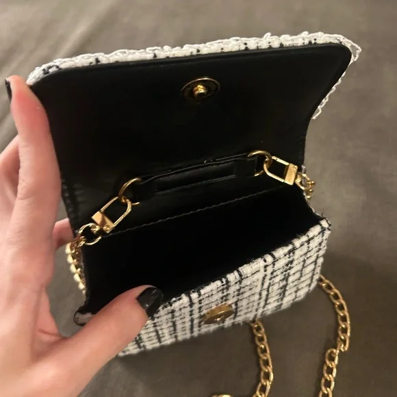 NEW Micro Mini Bag Navy Blue White Tweed Pearl Bow Pearl Top Handle Two-Way - Picture 12 of 12